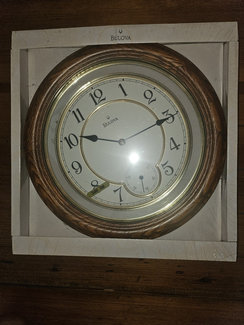 Bulova Solid Oak Brown & Gold Round Wall Clock -NEW